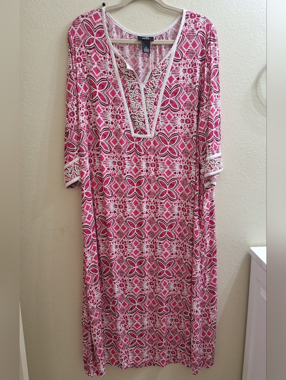 Cabernet Florida Resort Style Beaded Trim Flowy Kaftan , XL